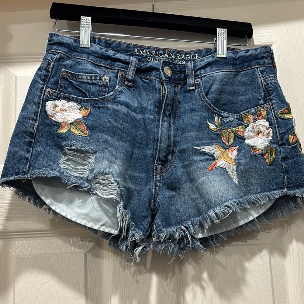 American Eagle Outfitters Women's Blue Denim Shorts with Floral Embroidery